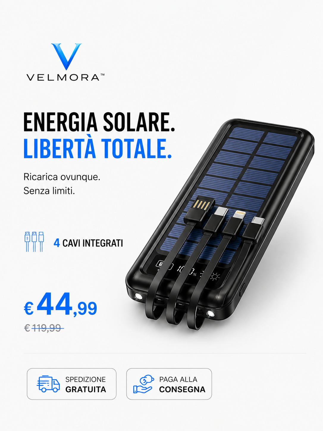 🔋 VELMORA™ POWERBANK SOLARE PRO – 4 CAVI INTEGRATI UNIVERSALI 🔥