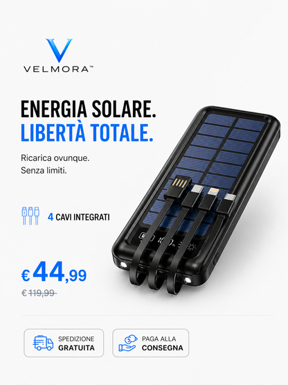 🔋 VELMORA™ POWERBANK SOLARE PRO – 4 CAVI INTEGRATI UNIVERSALI 🔥