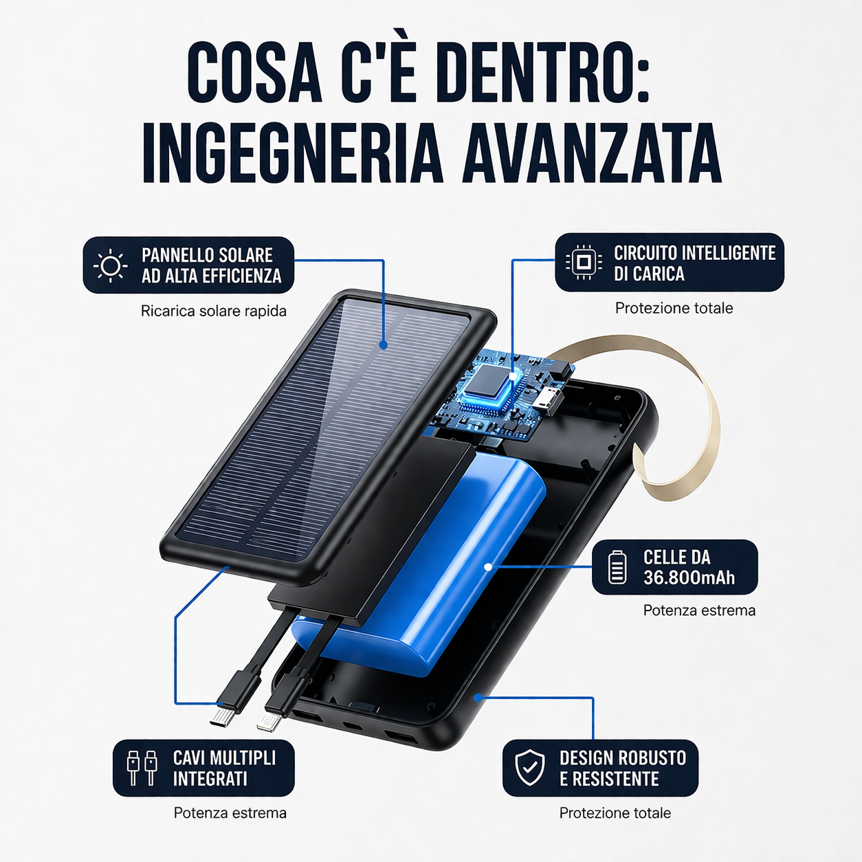 🔋 VELMORA™ POWERBANK SOLARE PRO – 4 CAVI INTEGRATI UNIVERSALI 🔥